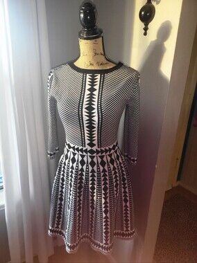 Nina Leonard, Small Black & White Geometric Fit-and-Flare Dress